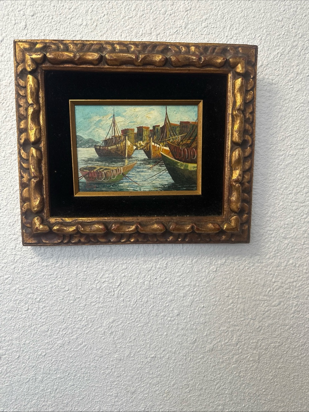 Vintage Gold Framed Harbor Painting - Gold and Black Accent